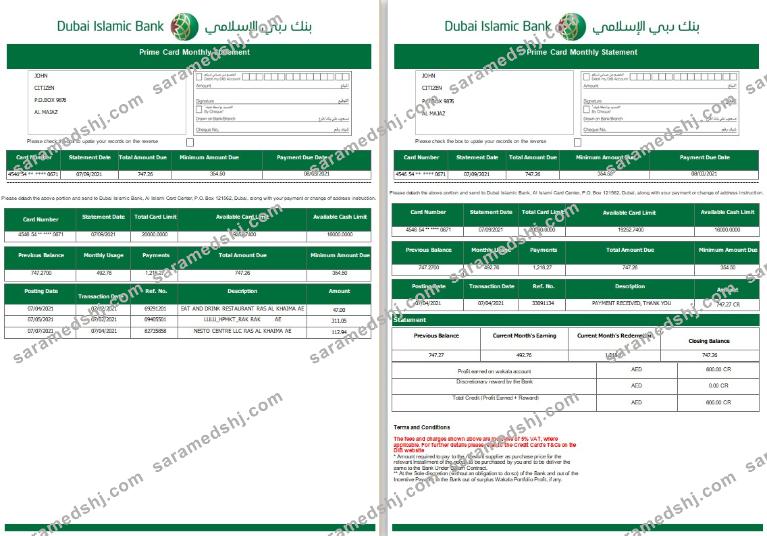 UAE Dubai Islamic Bank statement Word and PDF template, 3 pages